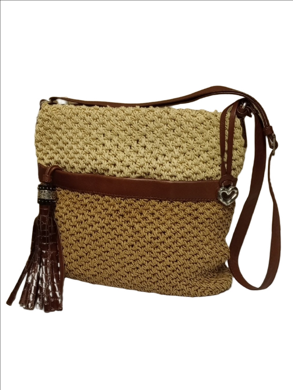 BRIGHTON STRAW WICKER BEACH CROSSBODY BAG WITH BROWN LEATHER ACCENT TASSEL